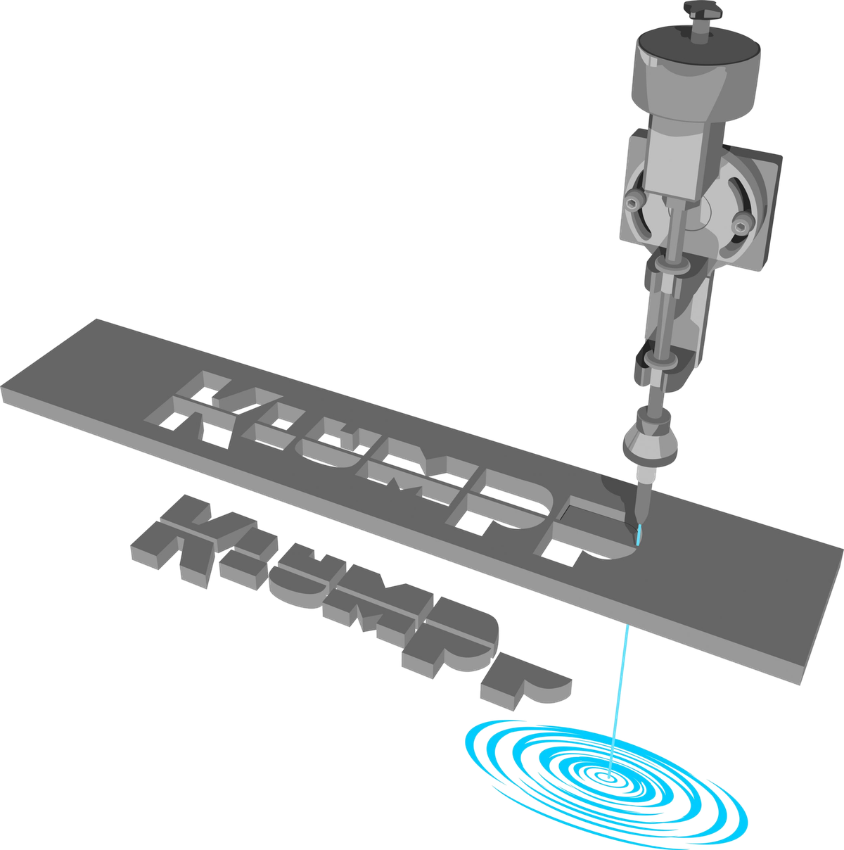Wasserstrahlschneidanlage schneidet Edelstahlbuchstaben präzise aus, Klumpp Wasserstrahltechnologie für Metallverarbeitung.
